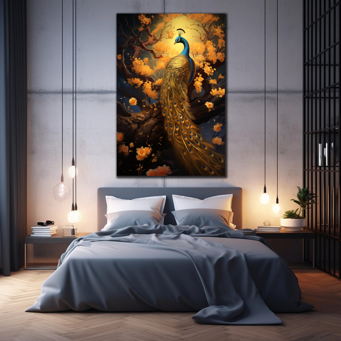 Golden Peacock Orange Blossom Tree Dark Elegant Bird Art Wall Poster - Image 2