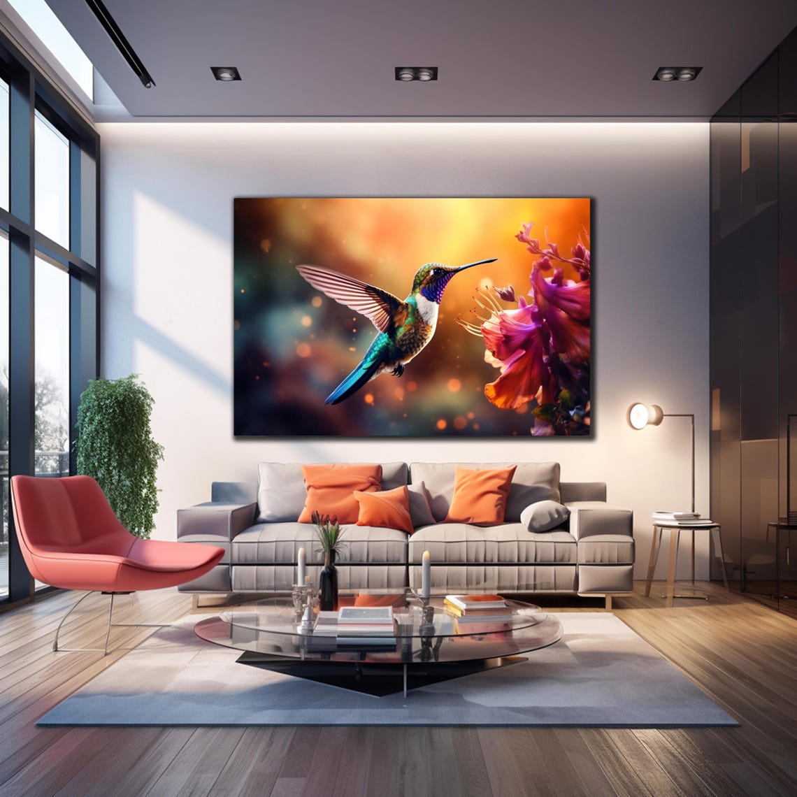 Hummingbird Golden Bokeh Red Orange Flowers Iridescent Wings Poster - Image 4