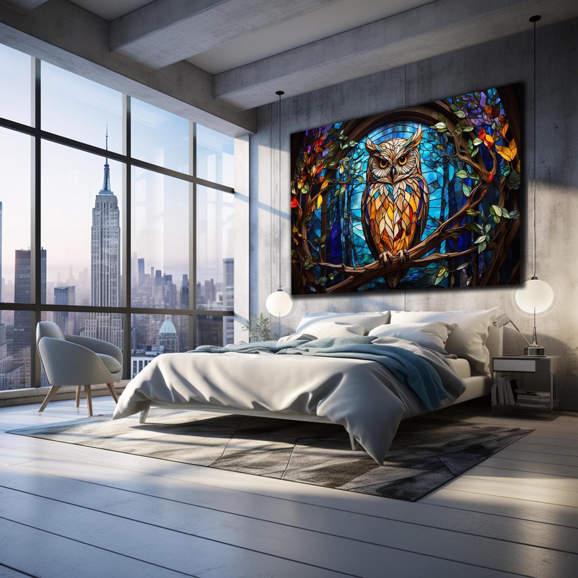 Stained Glass White Owl Arched Window Colorful Leaves Night Poster - Image 3