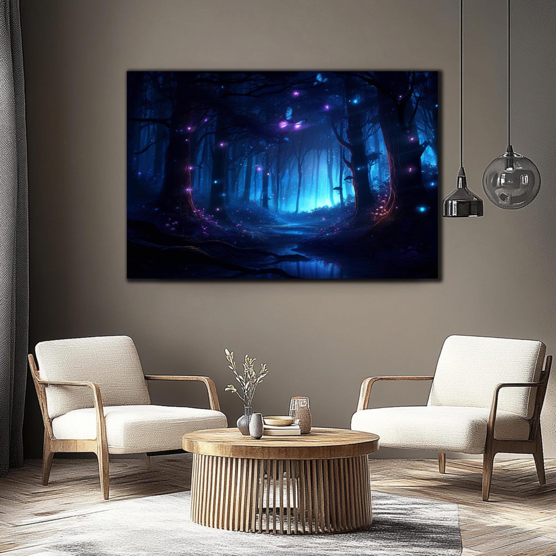 Blue Firefly Forest Glowing Butterfly Night Mystical Magic Wall Art - Image 2