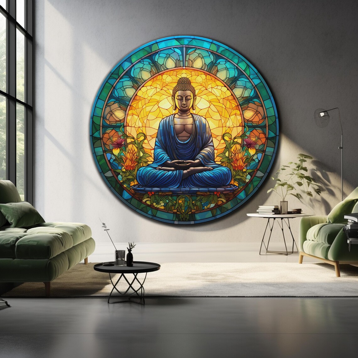 Buddha Blue Robe Stained Glass Golden Halo Lotus Flower Wall Art - Image 4