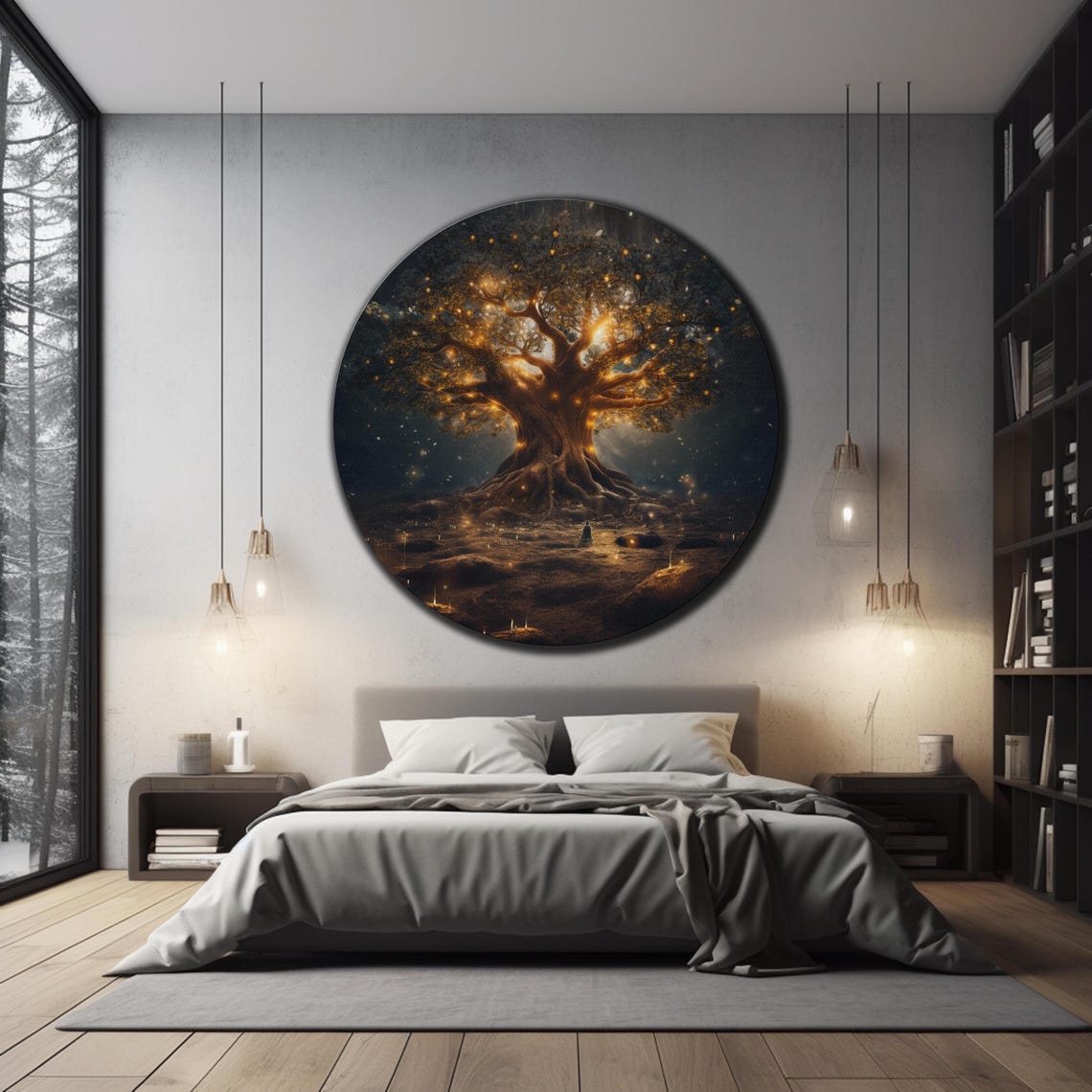 Enchanted Golden Tree Of Life Night Glow Lone Figure Round Wall Art - Image 3