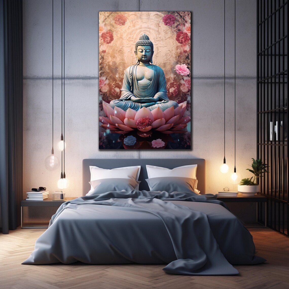 Serene Buddha Statue Pink Lotus Flowers Meditation Wall Art Poster - Image 2