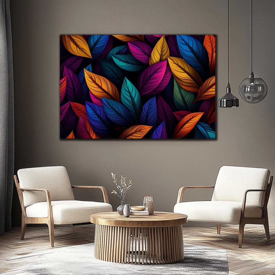 Large Rainbow Leaves on Black Bold Botanical Pattern Modern Poster - Image 3