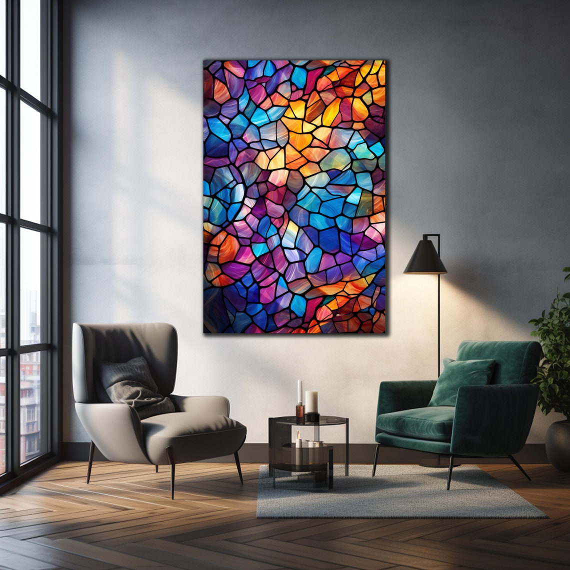 Colorful Stained Glass Mosaic Abstract Blue Orange Art Wall Poster - Image 4