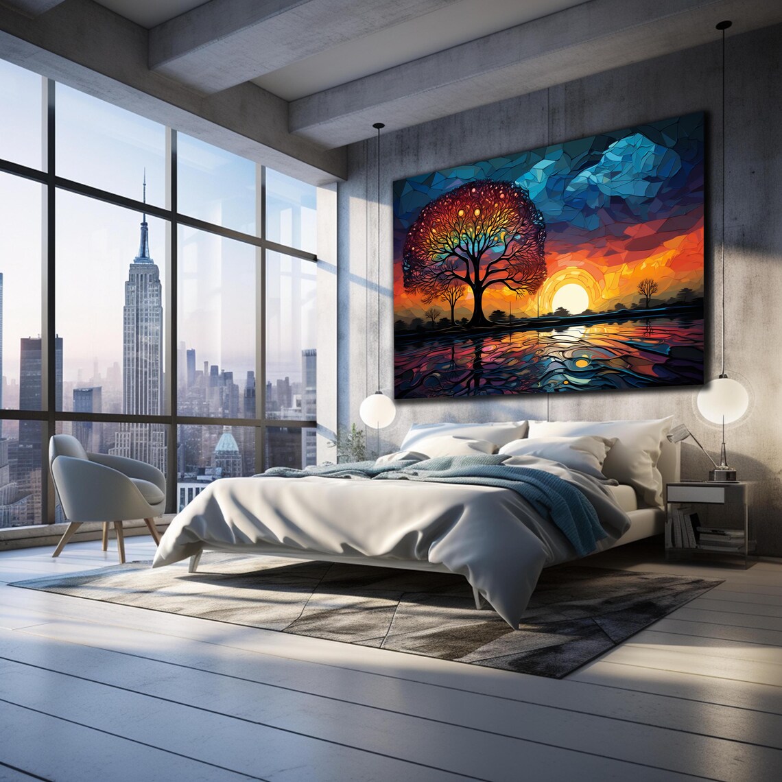 Tree of Life Stained Glass Mosaic Sunset Lake Reflection Art Poster - Image 3