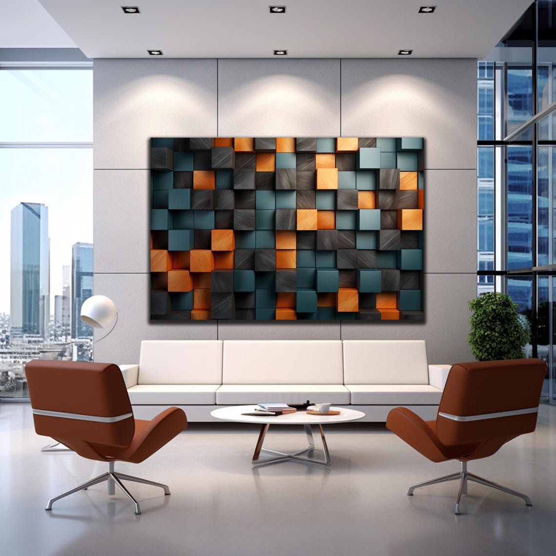 Teal Gray Orange 3D Wooden Block Abstract Geometric Wall Art - Image 3