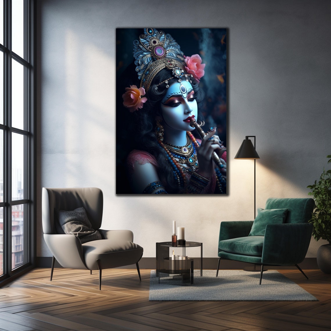 Lord Krishna Playing Flute Bansuri Hindu God Divine Music Art Poster - Image 3
