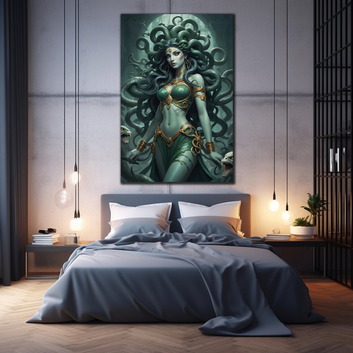 Medusa Snake Hair Greek Mythology Fantasy Art Green Gold Wall Poster - Image 2