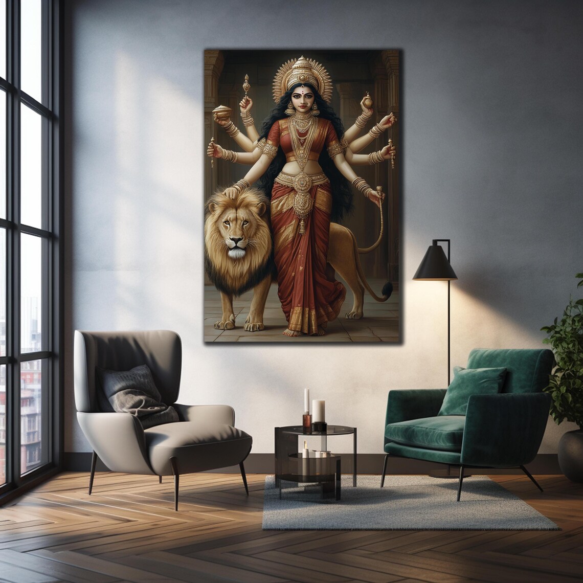 Durga Goddess With Lion Red Sari Hindu Deity Spiritual Wall Art Poster - Image 3