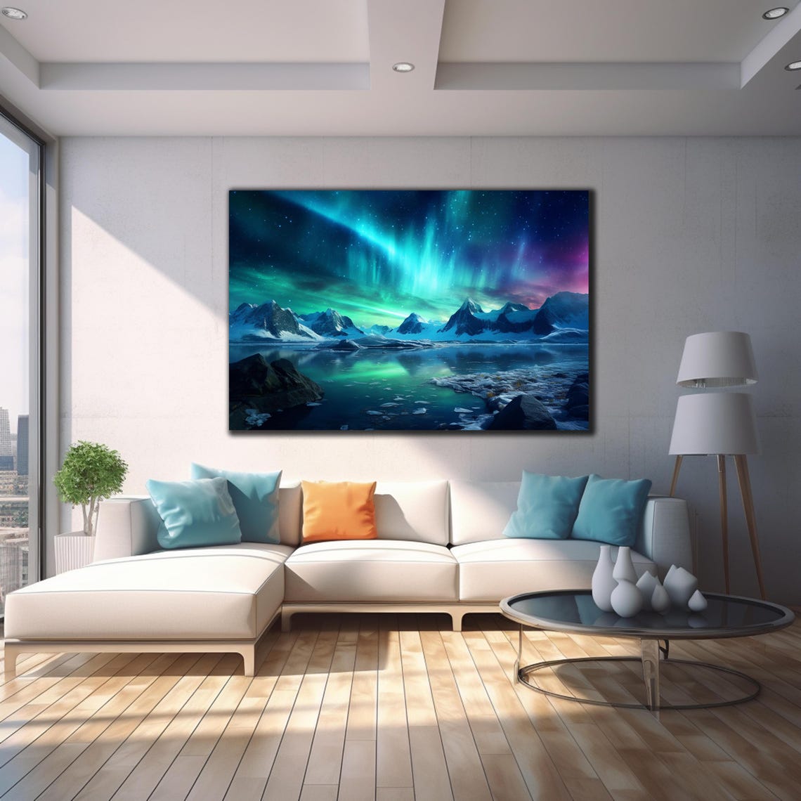 Green Aurora Borealis Snowy Peaks Night Sky Mountain Lake Poster - Image 4