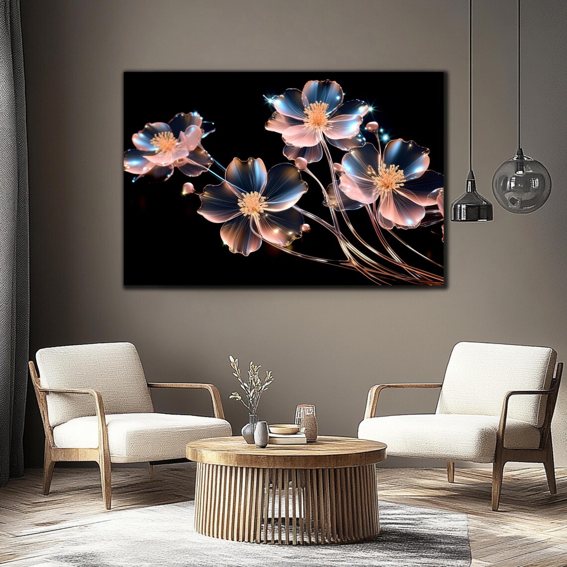 Iridescent Blue Pink Crystal Flowers Black Background Glass Wall Art - Image 3