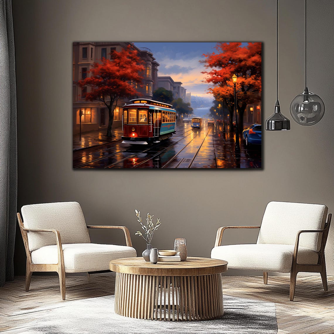 San Francisco Cable Car Autumn Rainy Street Wet Pavement Poster - Image 3