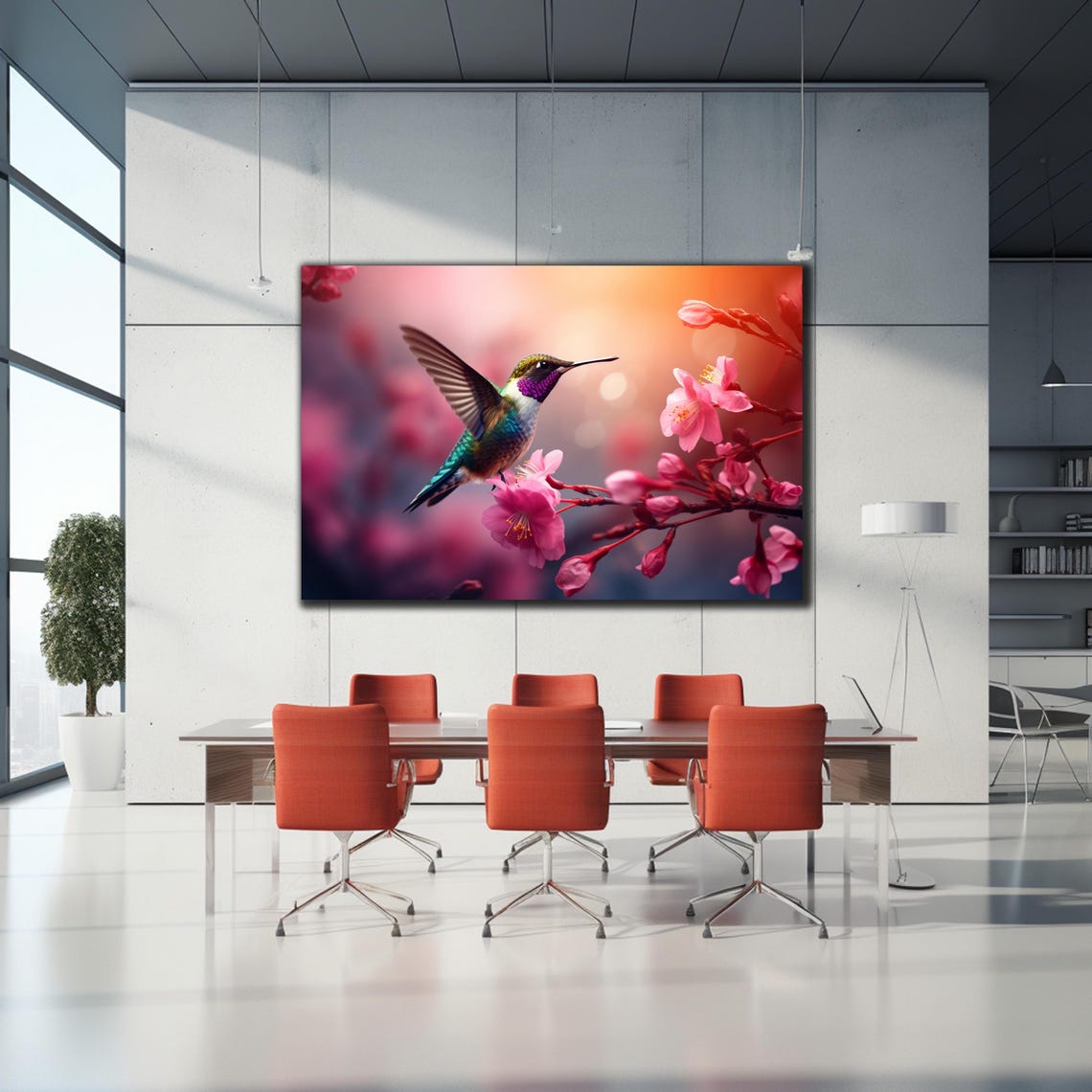 Emerald Hummingbird Pink Cherry Blossom Branch Spring Glow Poster - Image 2