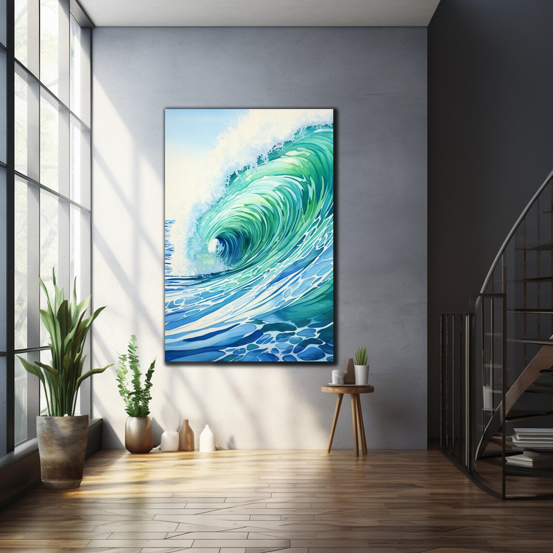 Aqua Ocean Wave Curl Watercolor Painting Sea Spray Wall Poster - Image 2