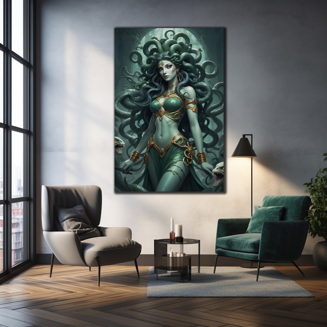 Medusa Snake Hair Greek Mythology Fantasy Art Green Gold Wall Poster - Image 3
