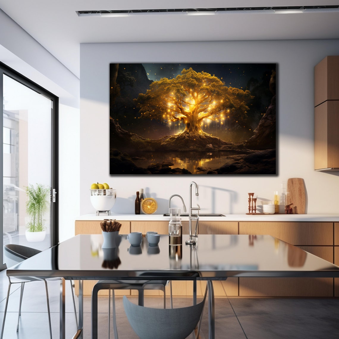 Glowing Golden Tree Night Pond Fireflies Enchanted Wall Art Poster - Image 2