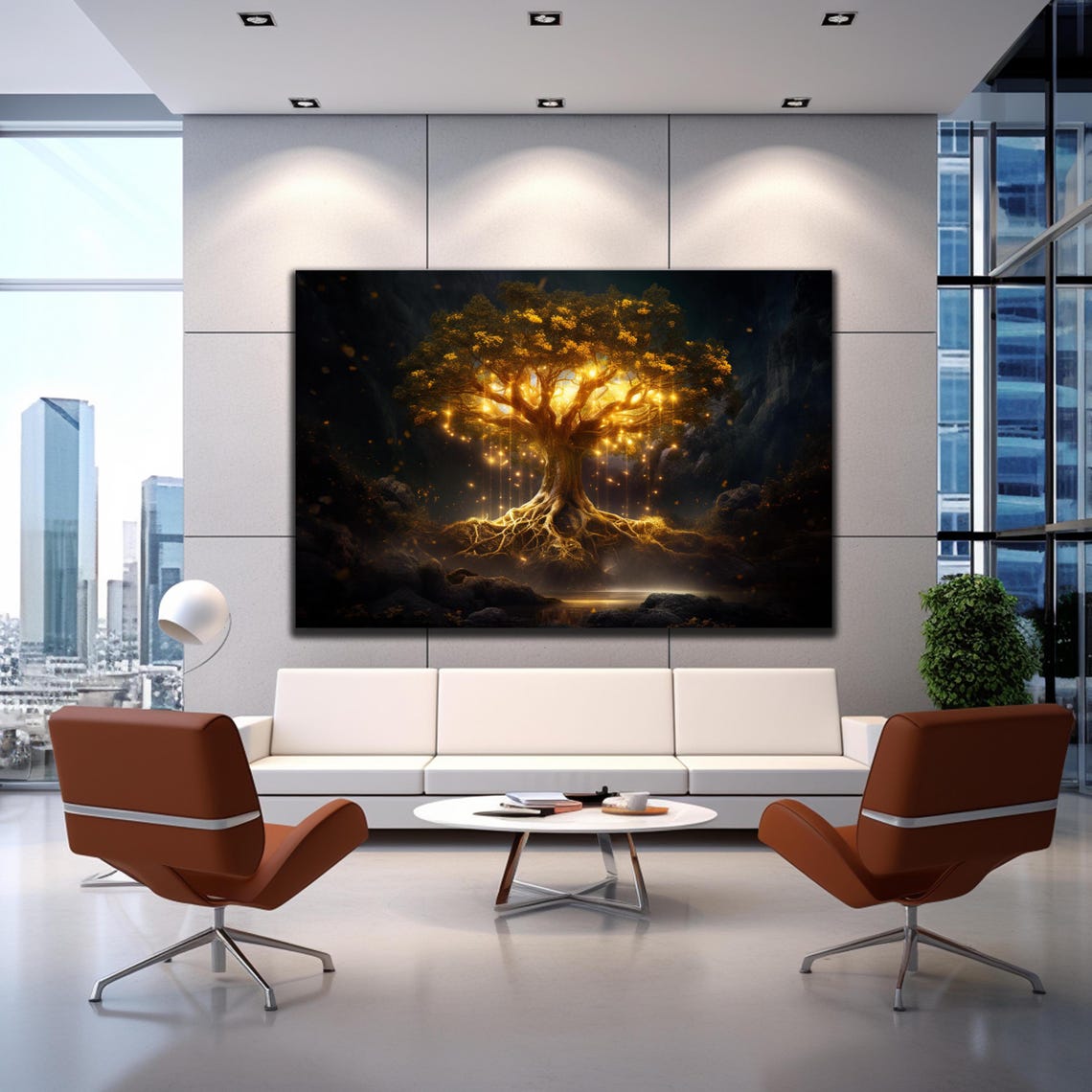 Golden Tree of Life Glowing Night Forest Light Magic Wall Art - Image 3