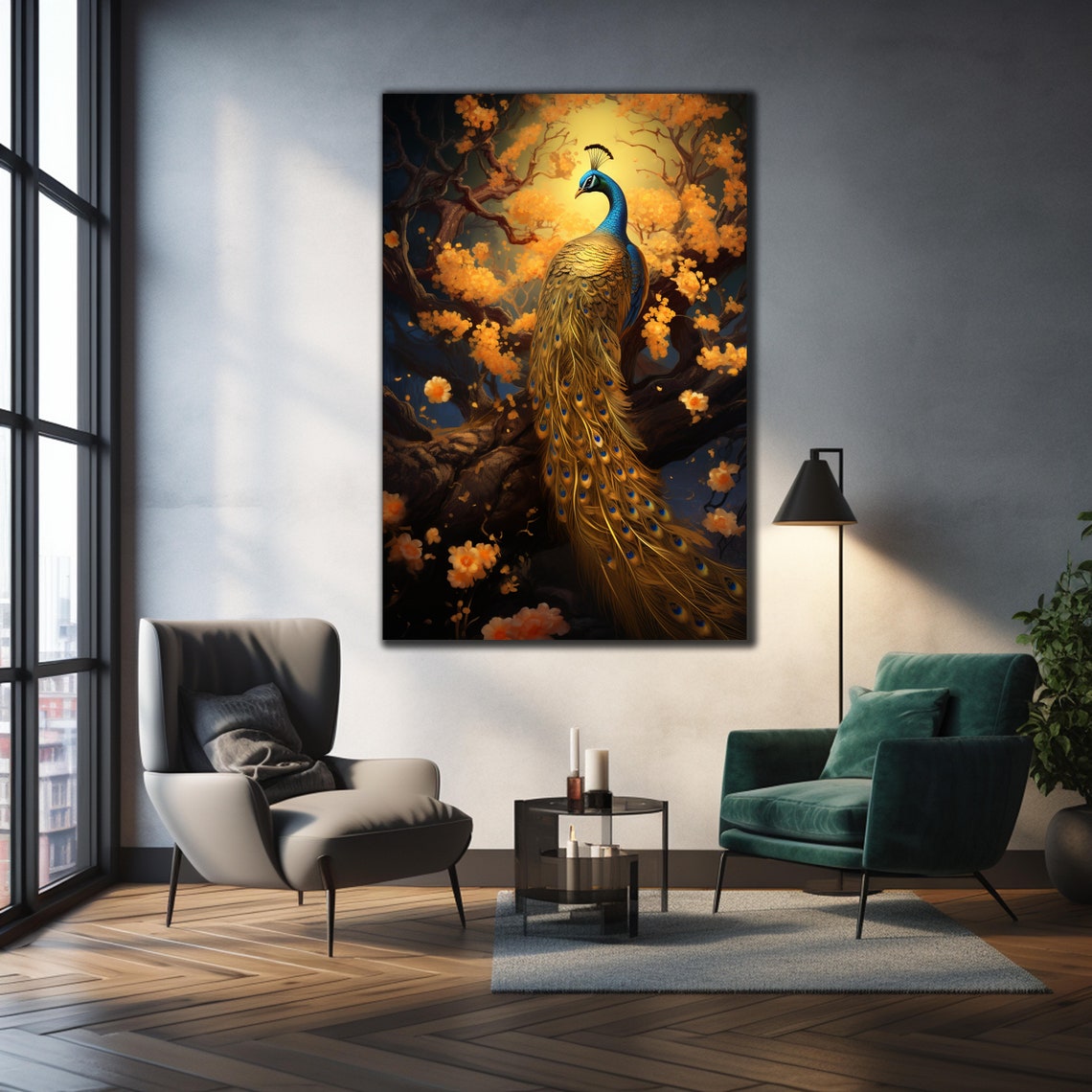 Golden Peacock Orange Blossom Tree Dark Elegant Bird Art Wall Poster - Image 3