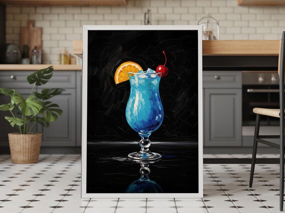 Blue Hawaiian Tropical Cocktail Painting Hurricane Glass Orange Cherry Moody Wall Art