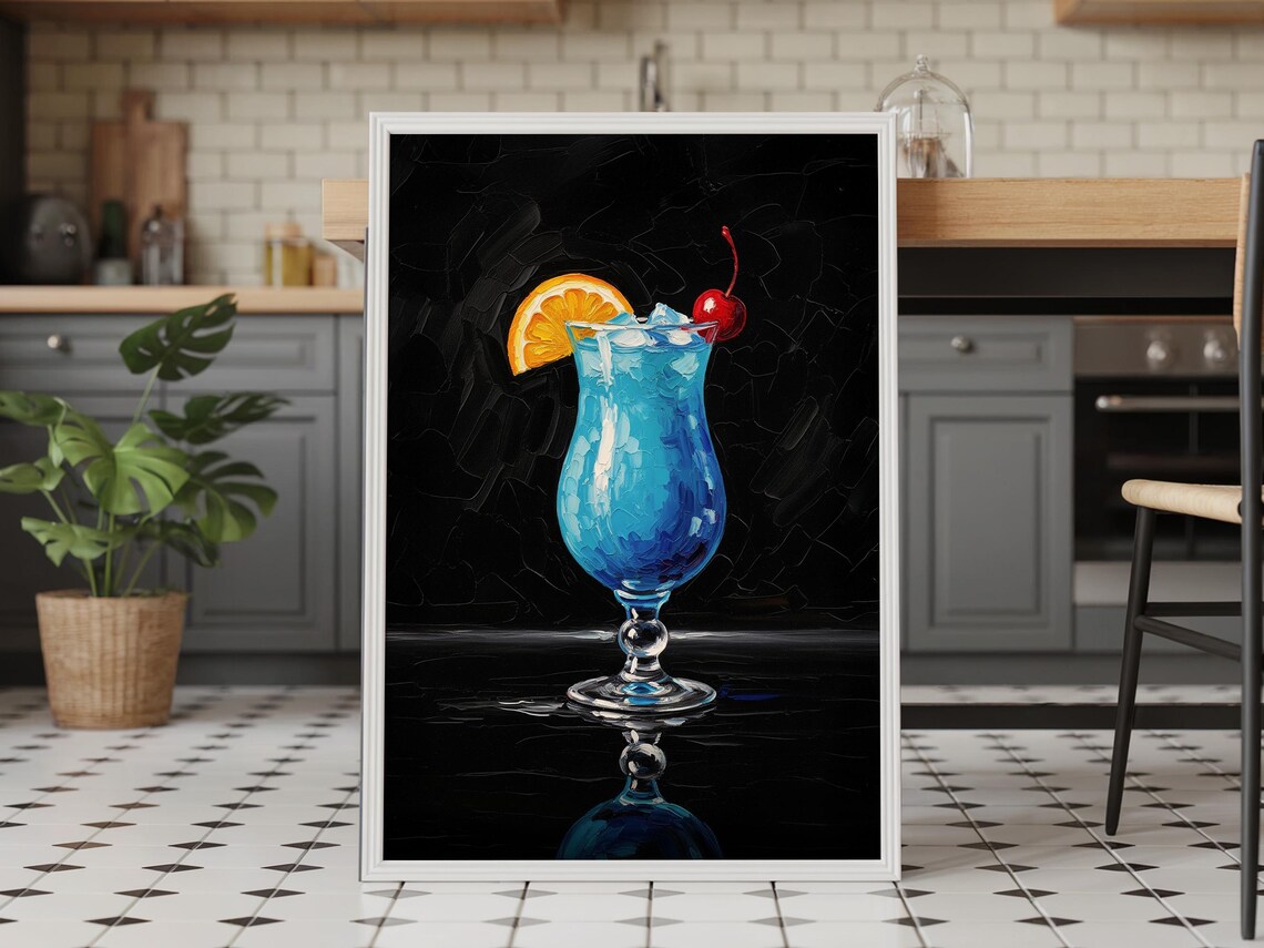 Blue Hawaiian Tropical Cocktail Painting Hurricane Glass Orange Cherry Moody Wall Art