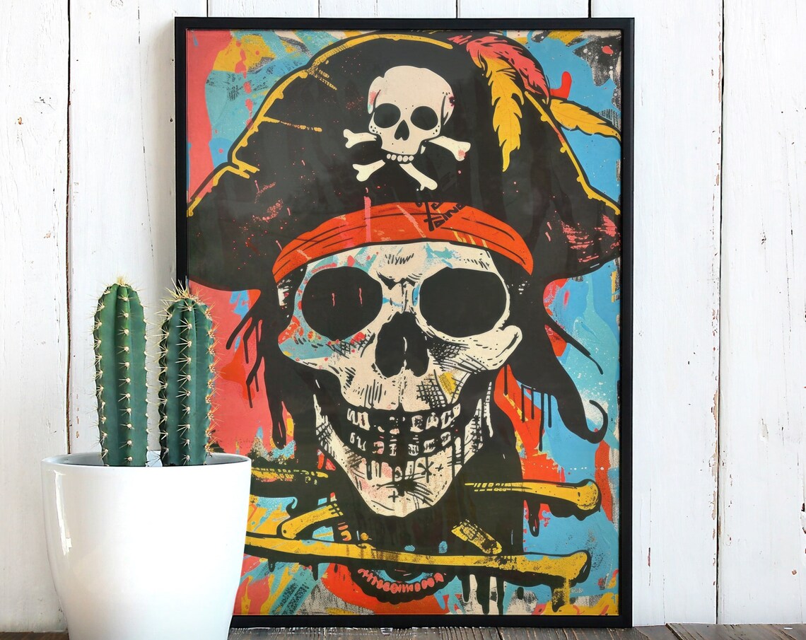 Jolly Roger Pirate Skull Pop Art Print Colorful Graffiti Wall Decor