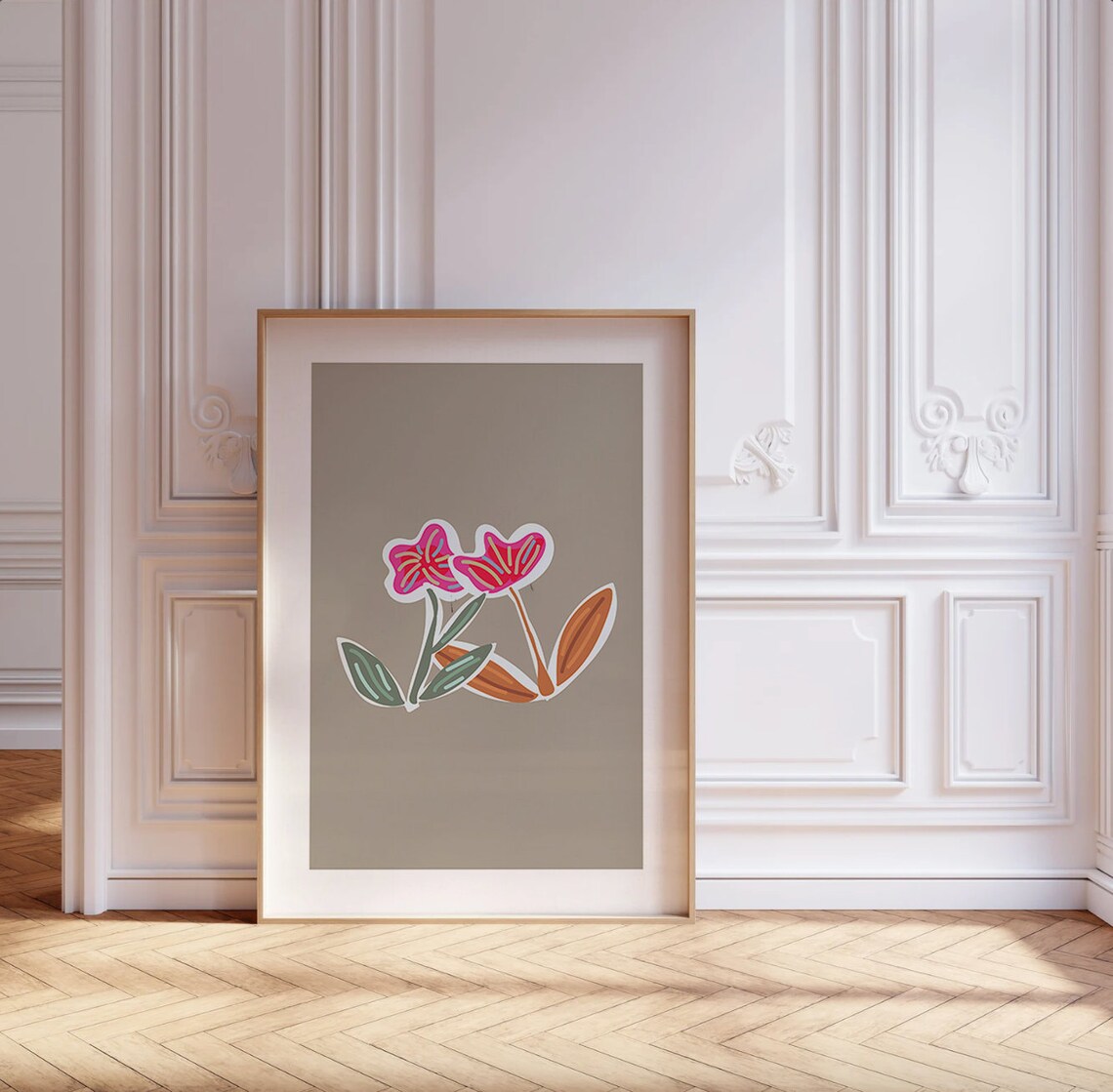 Coral Poppy Abstract White Outline Floral Botanical Decor Poster