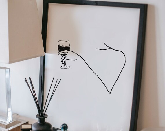 Woman Holding Wine Glass Line Art Minimalist Kitchen Bar Poster