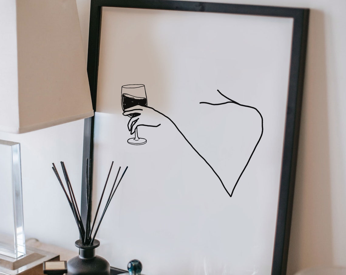 Woman Holding Wine Glass Line Art Minimalist Kitchen Bar Poster