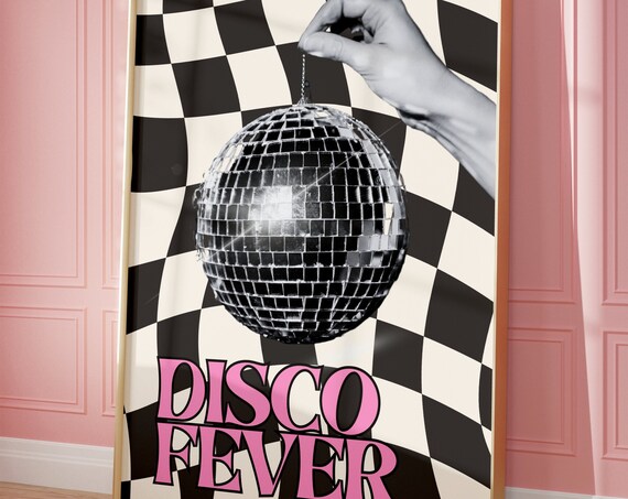 Retro Disco Art Print Funky Cute Wall Girly Apartment Decor Groovy Fever Y2k Blush Pink