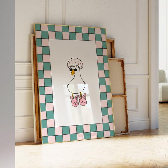 Checkered Duck Bathroom Print Trendy Cute In Slippers Decor Minimalist Art Preppy Shower Goose