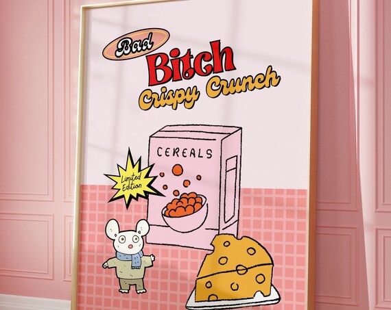 Y2k Trendy Poster Bad Bitch Art Print Funny Girly Cereal Breakfast Retro Blush Pink Wall Cute Kitchen Decor
