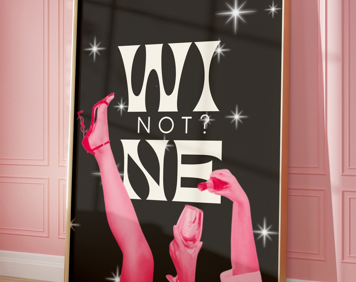 Wine Not Retro Pink Black Wine Glasses Glam Sparkle Bar Poster - Image 3