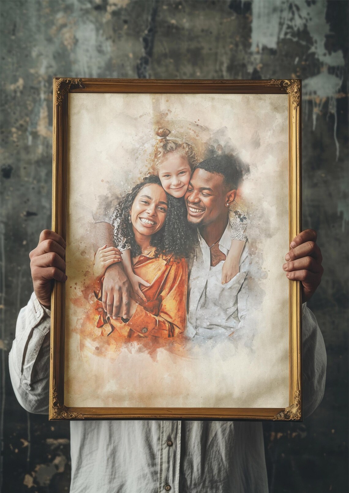Happy Family of Three Watercolor Photo Portrait Poster Gift Art