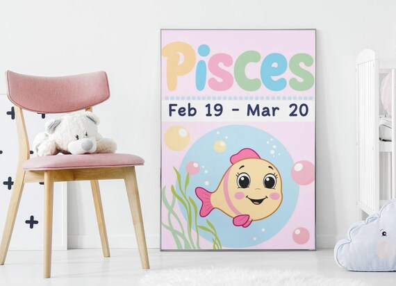 Pisces Zodiac Nursery Print Pastel Fish Baby Girl Room Decor