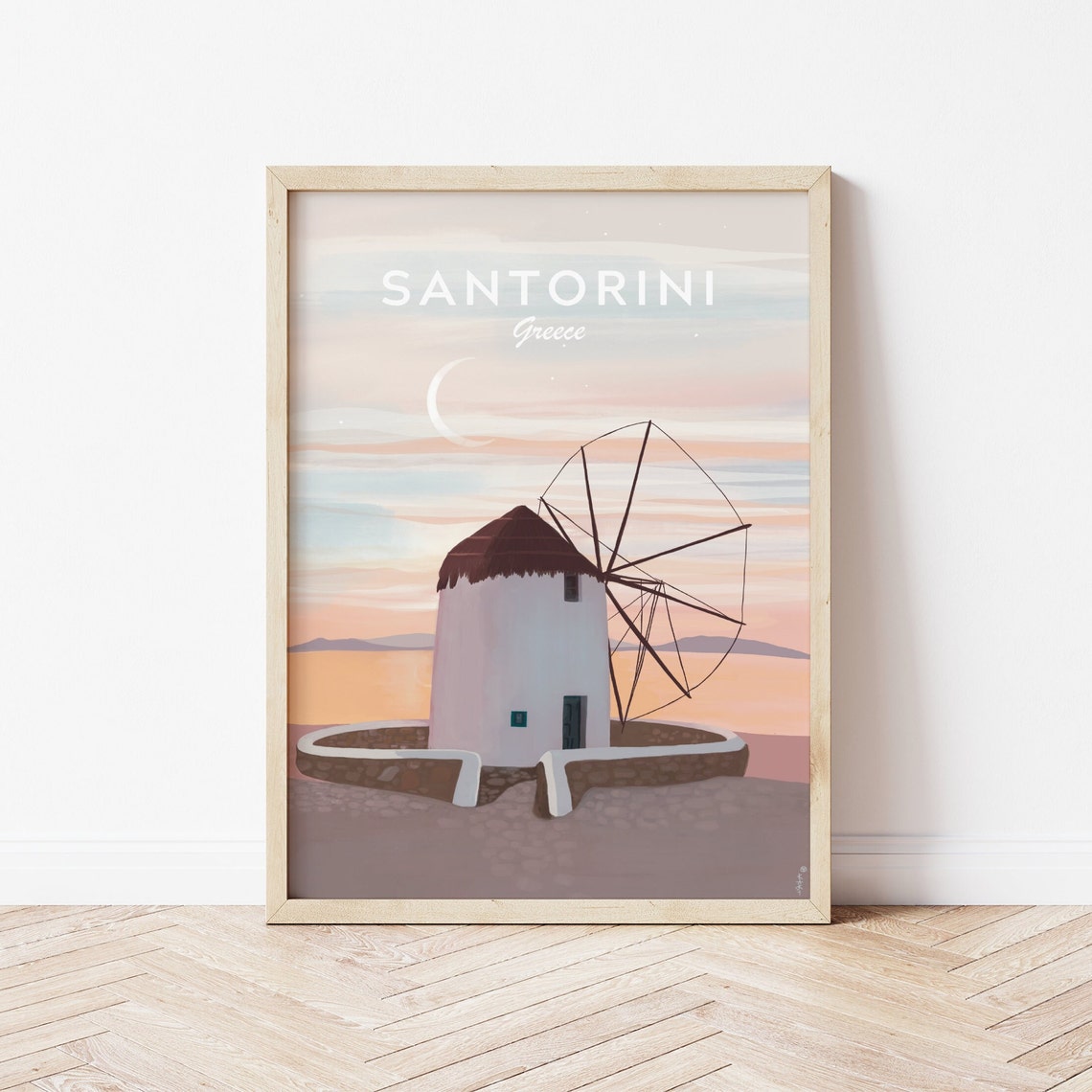 Santorini Greece Sunset Windmill Crescent Moon Travel Poster - Image 2