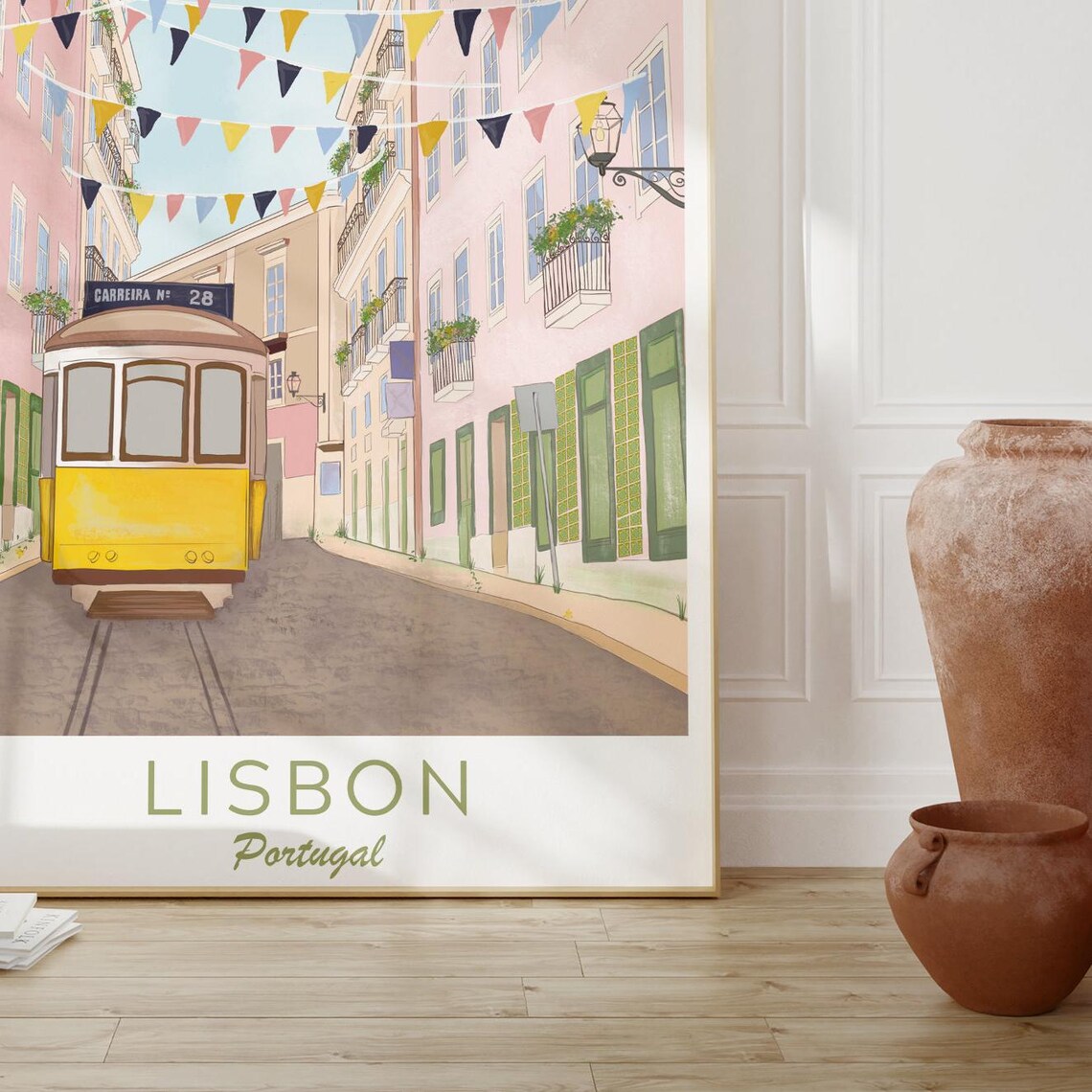 Lisbon Portugal Yellow Tram 28 Pink Street Bunting Flags Poster - Image 4