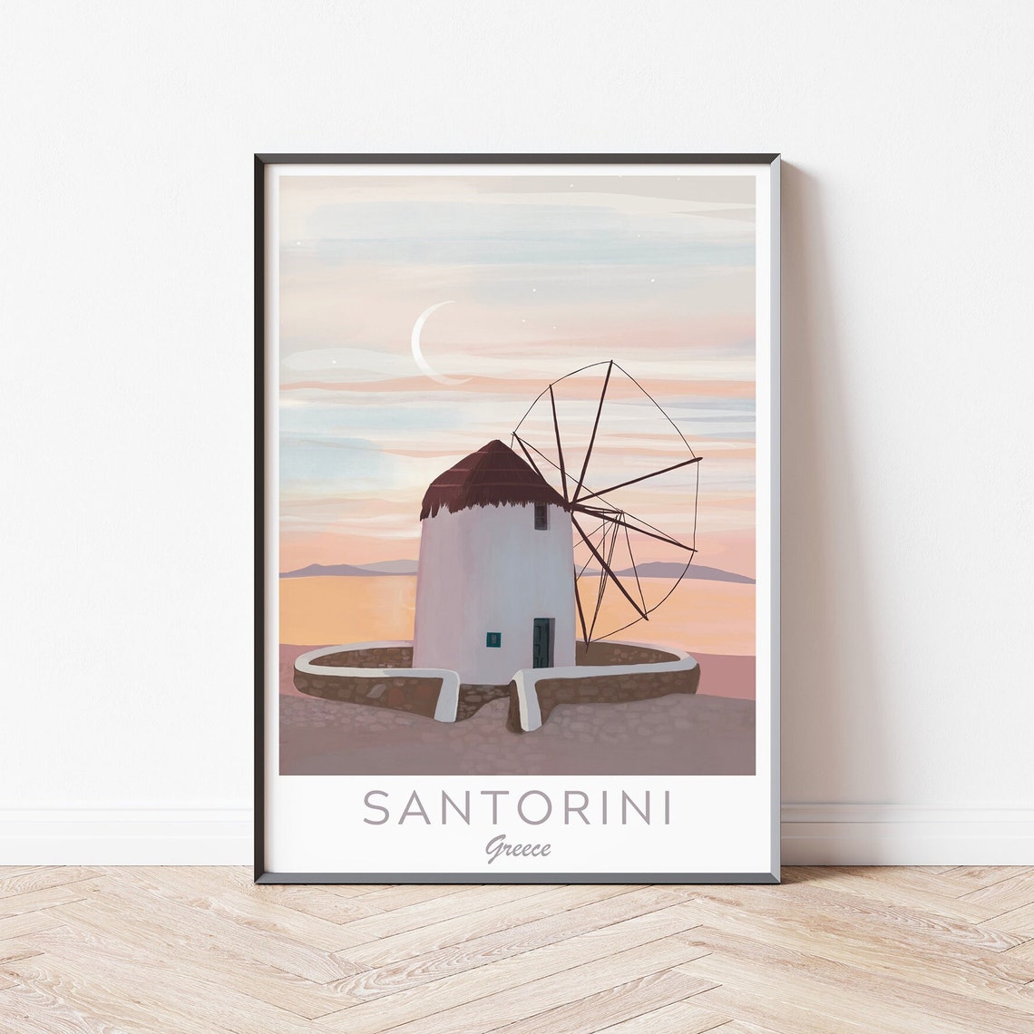 Santorini Greece White Windmill Sunset Crescent Moon Sea View Poster - Image 4