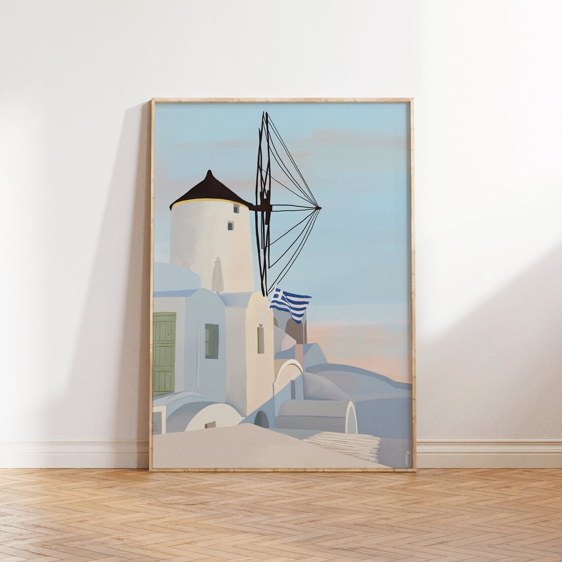Greek Island Windmill Whitewashed Village Flag Dawn Sky Poster - Image 3