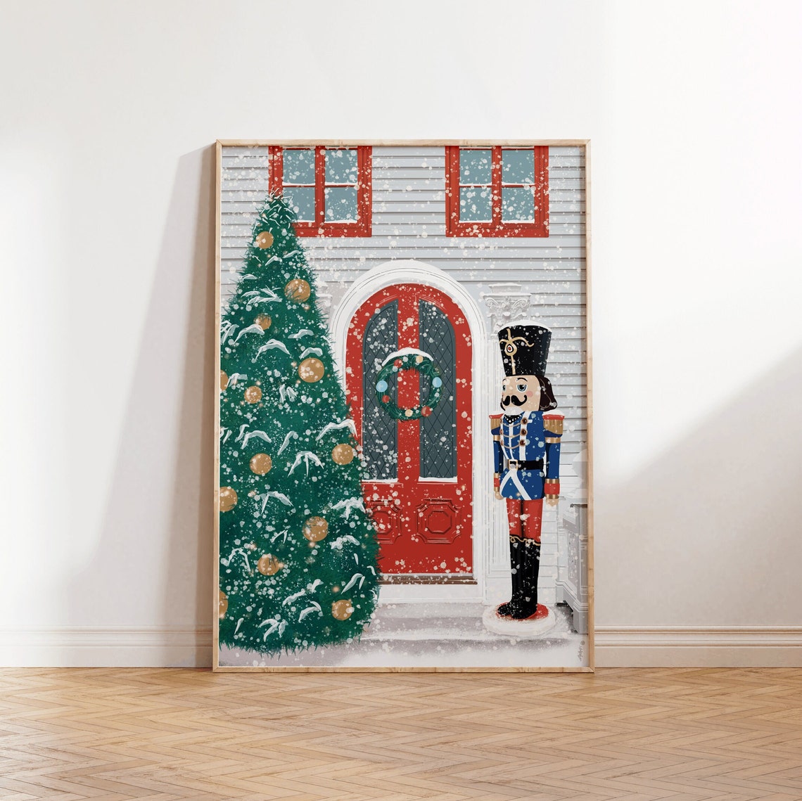 Christmas Nutcracker Soldier Red Door Wreath Snowy Holiday Poster - Image 3