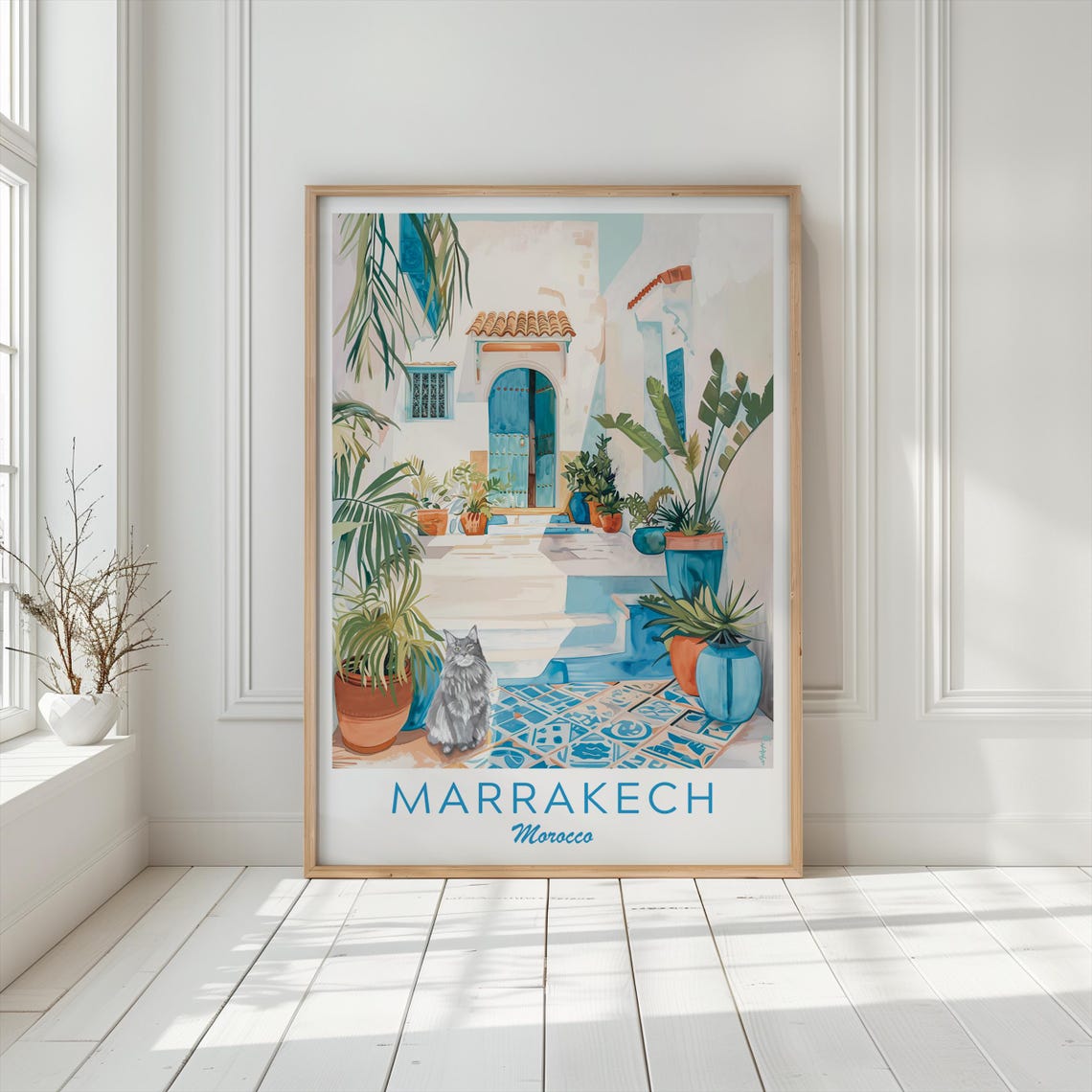 Marrakech Morocco Blue Courtyard Cat Potted Plants Mosaic Tiles Poster - Image 4