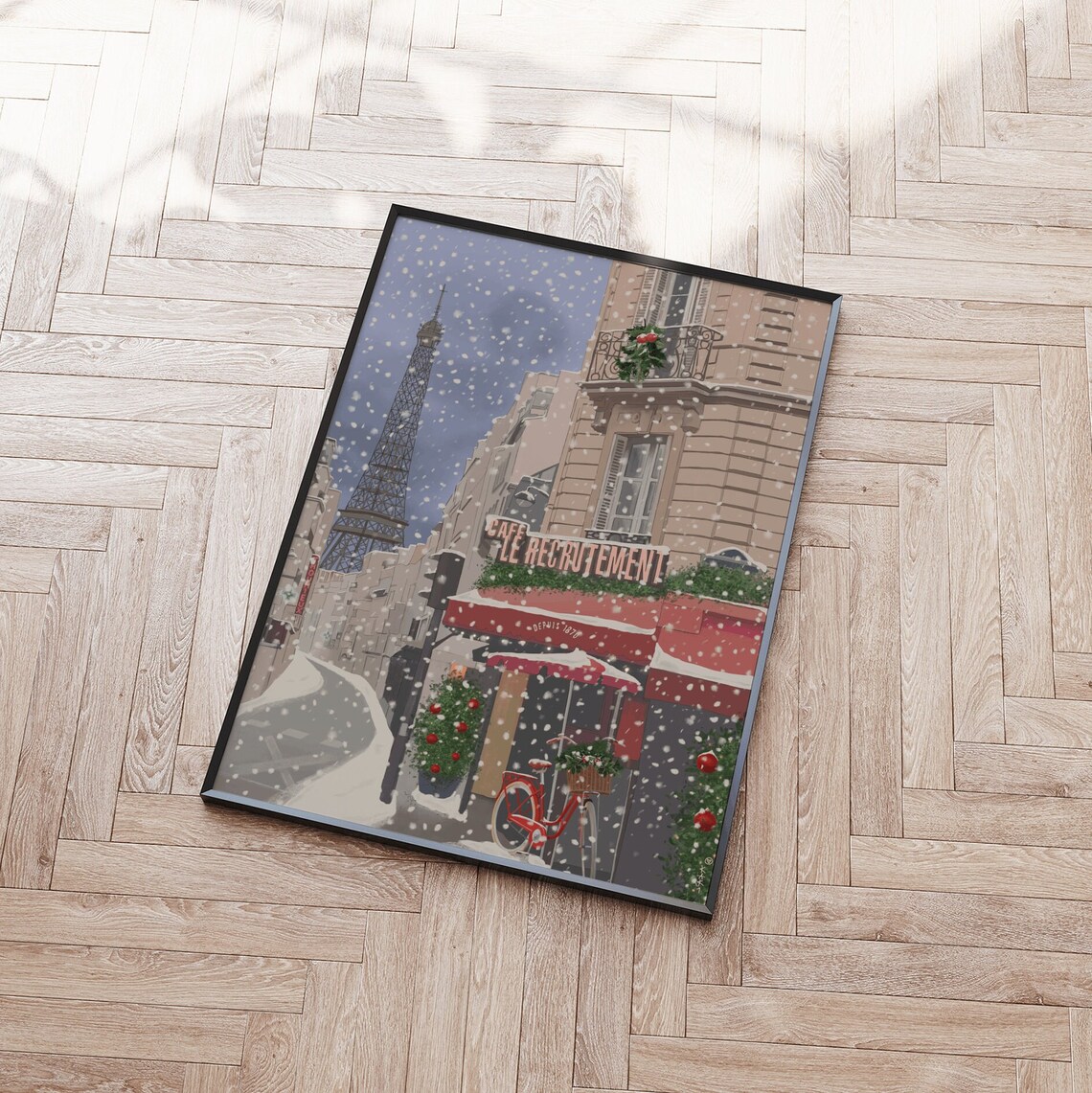 Paris Christmas Snow Eiffel Tower Cafe Le Recrutement Red Awning Poster - Image 2