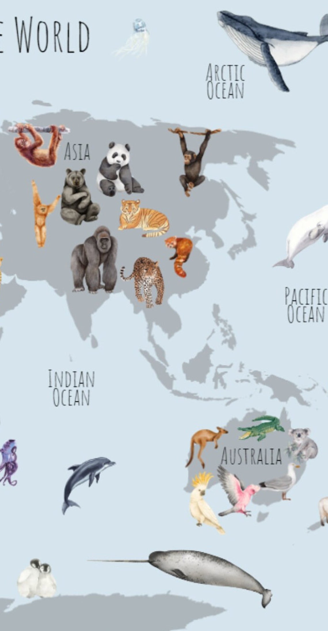 Watercolor Animals Around the World Map Kids Nursery Art Poster - Image 3