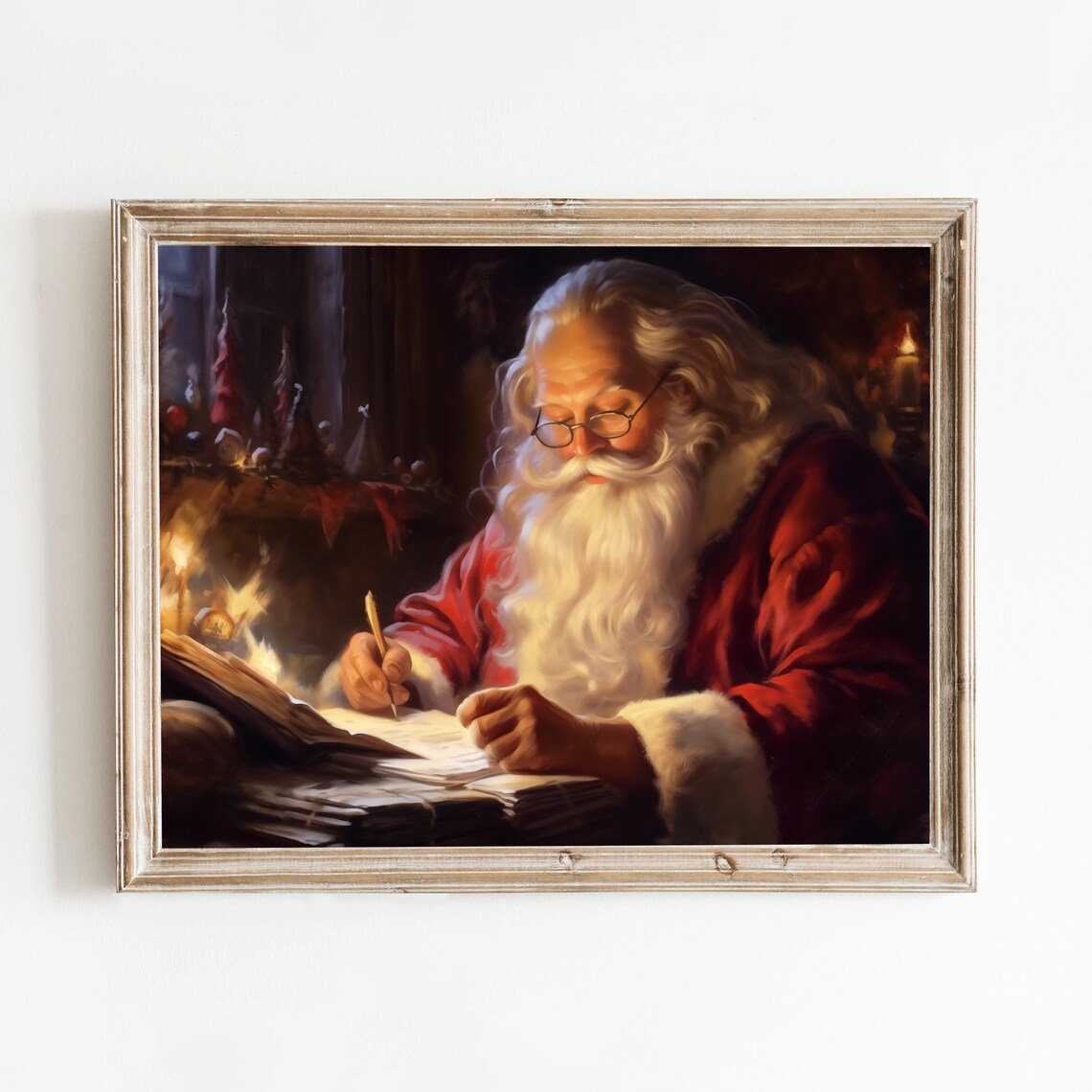Santa Claus Reading Letters Candlelit Study Christmas Wall Art