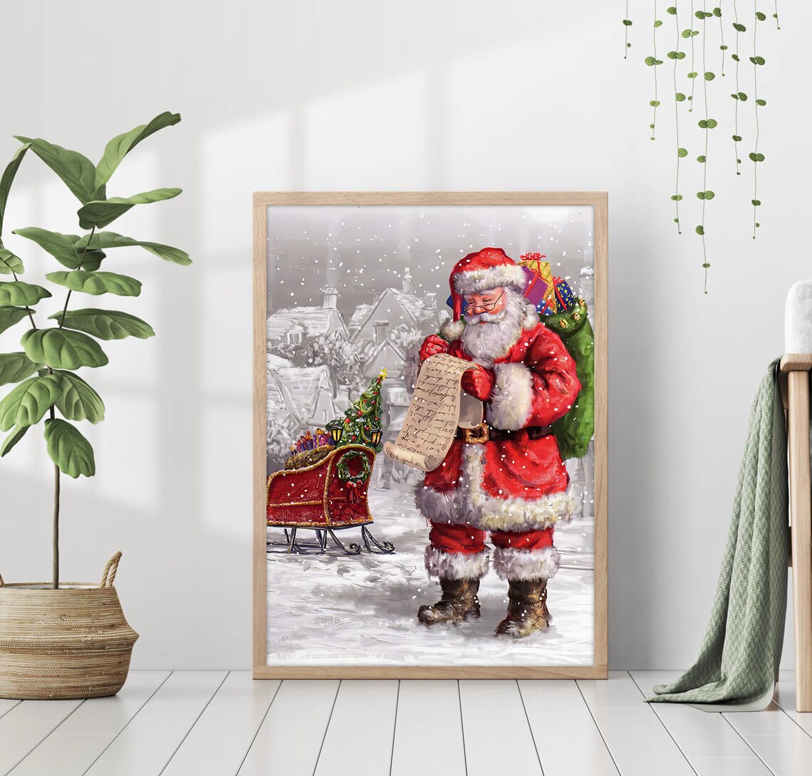 Santa Claus Christmas List Snowy Village Gift Sleigh Art Print - Image 3