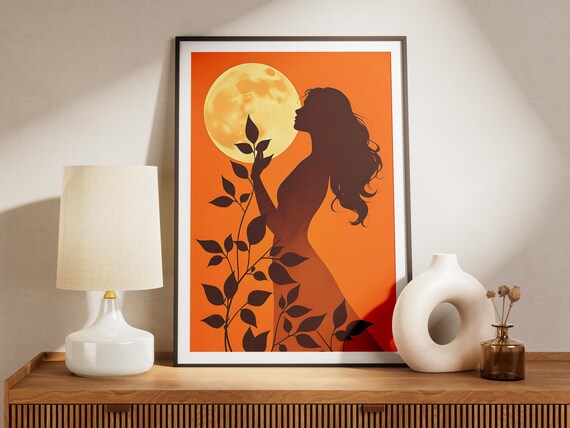 Woman Silhouette With Moon And Leaves Orange Boho Art Poster