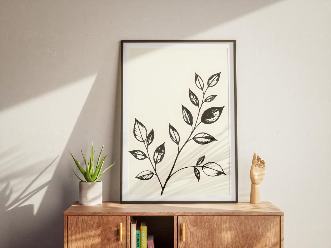 Minimalist Black and White Leaf Branch Line Art Botanical Poster