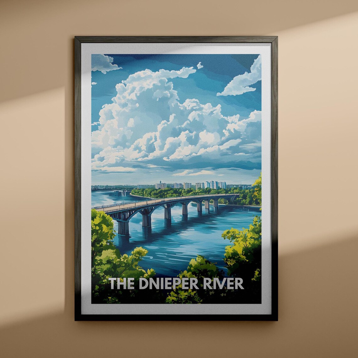 The Dnieper River Bridge Crossing City Skyline Clouds Travel Poster