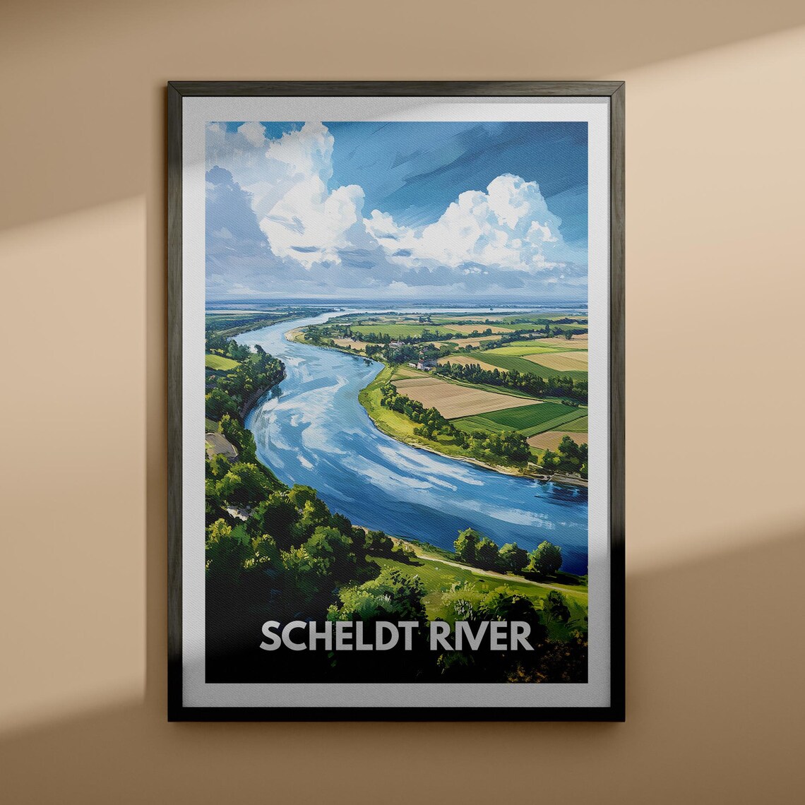 Scheldt River Wide Aerial Bend Green Fields Retro Travel Poster
