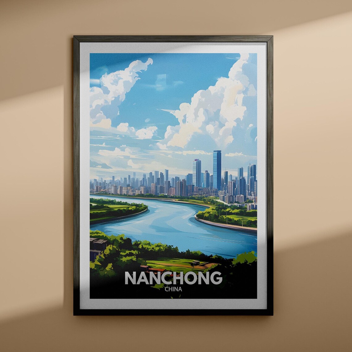 Nanchong China Riverside Skyline Modern City Retro Travel Poster